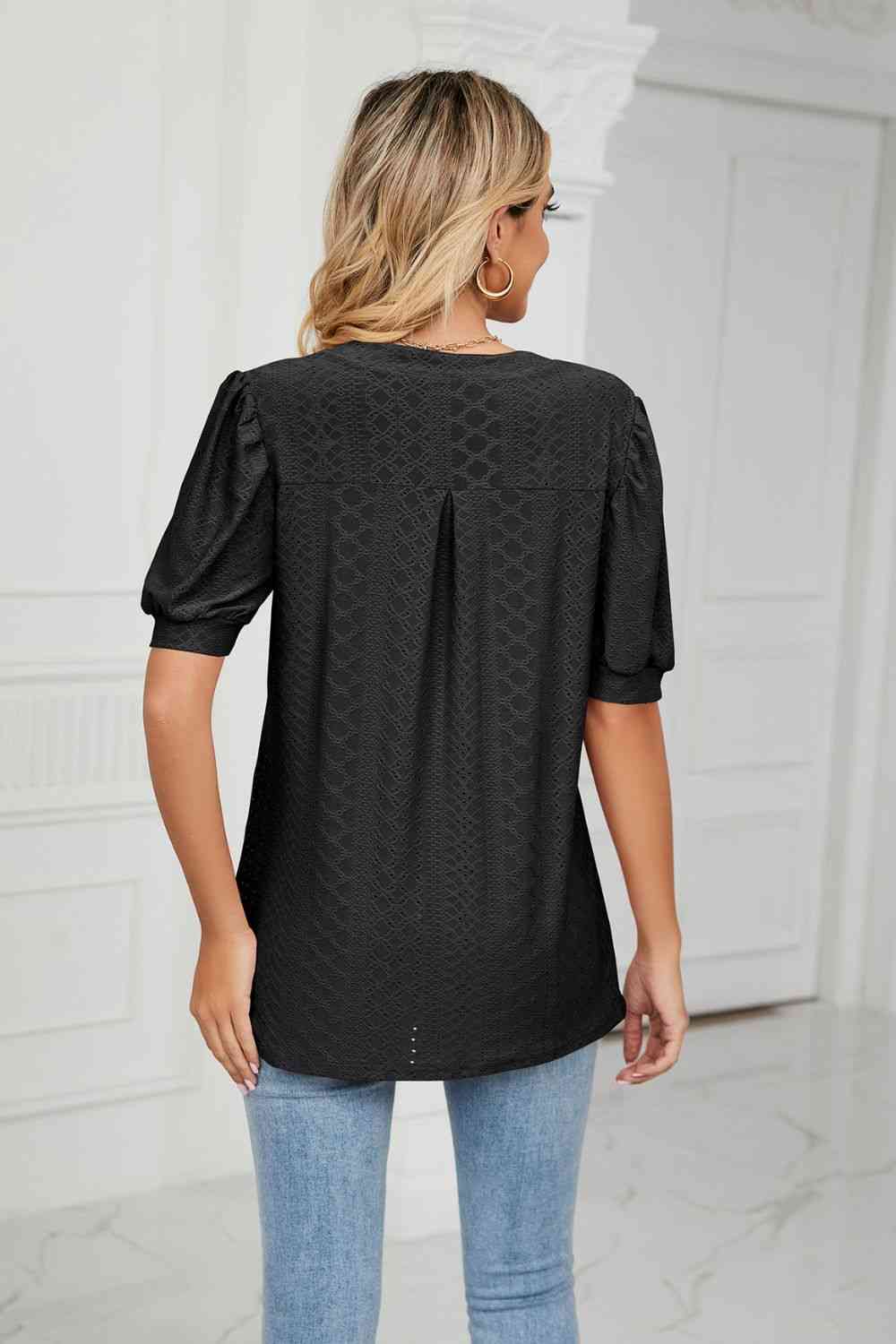 Eyelet Short Puff Sleeve Notched Neck Top (12 Colors) Krazy Heart Designs Boutique