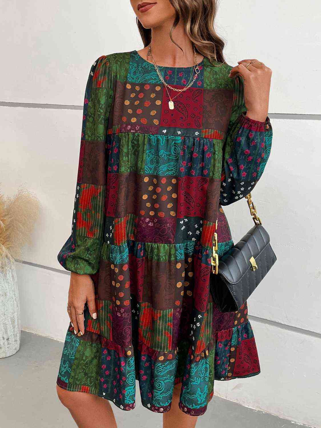 Patchwork Round Neck Long Sleeve Dress Krazy Heart Designs Boutique