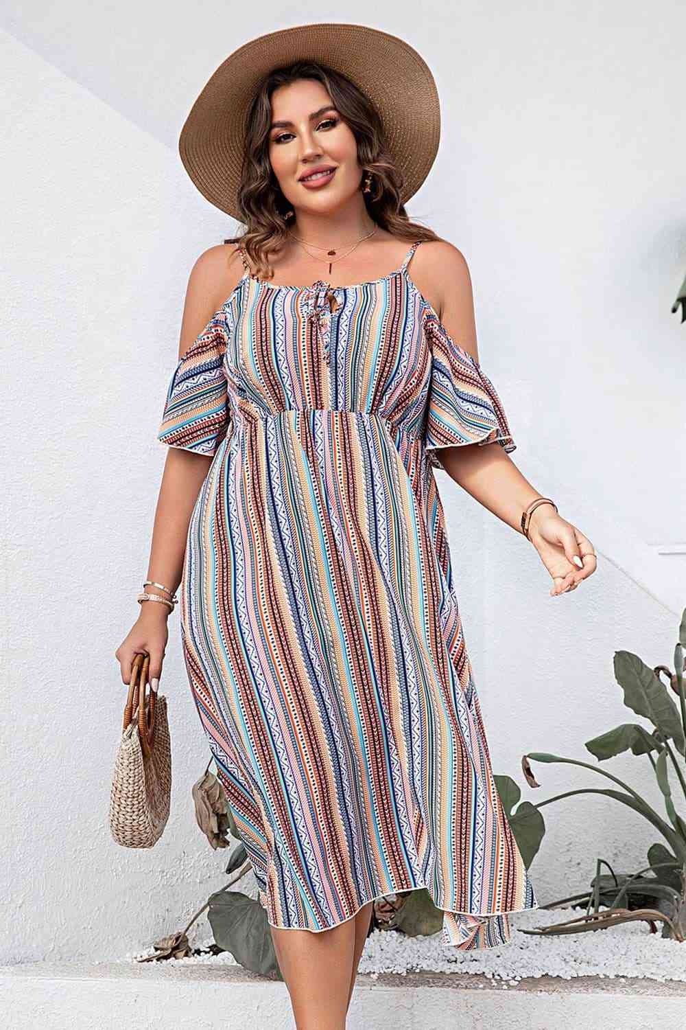 Plus Size Striped Cold-Shoulder Dress Krazy Heart Designs Boutique Multicolor 1XL