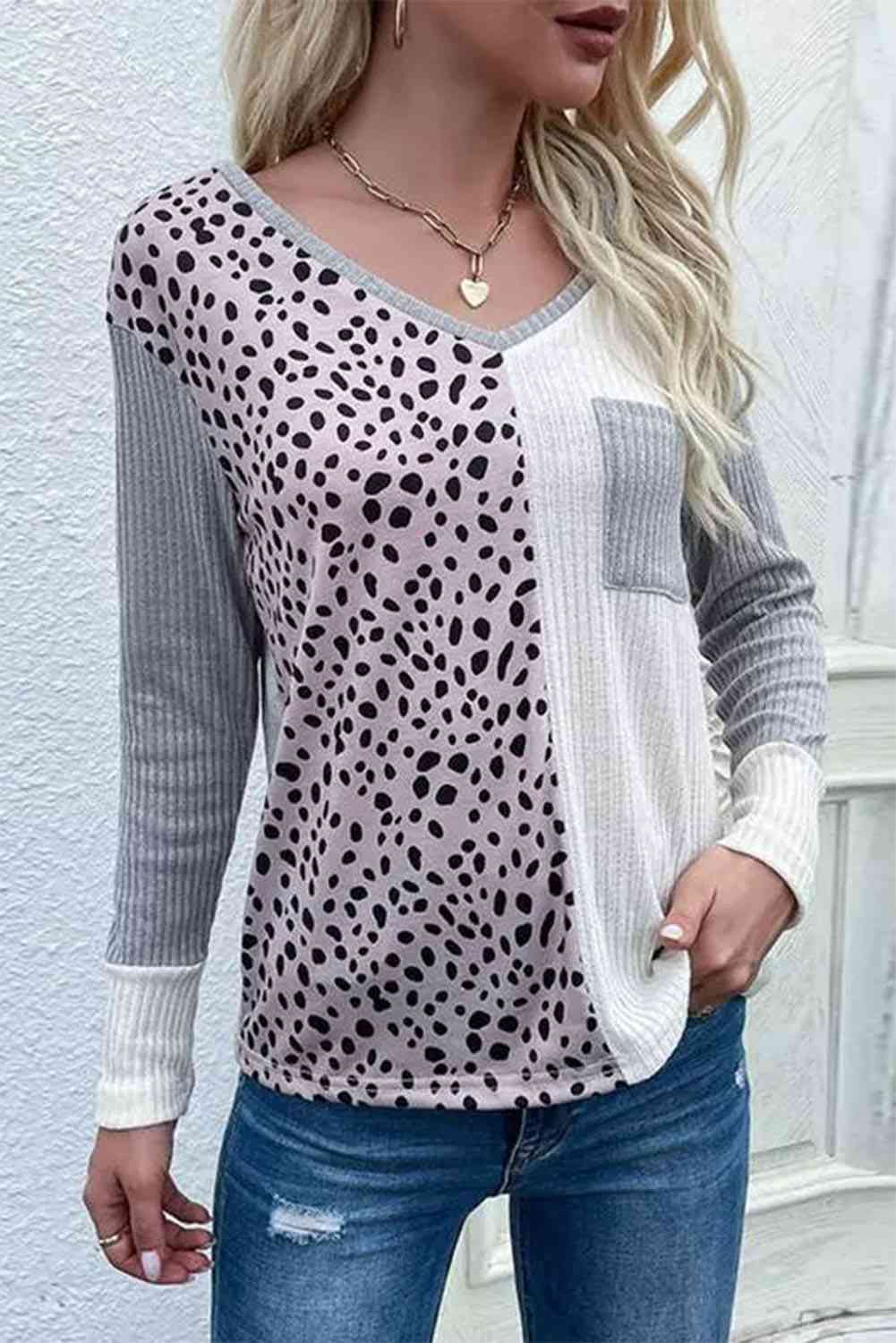 Color Block V-Neck Ribbed Top with Pocket Shirts & Tops Krazy Heart Designs Boutique Charcoal S