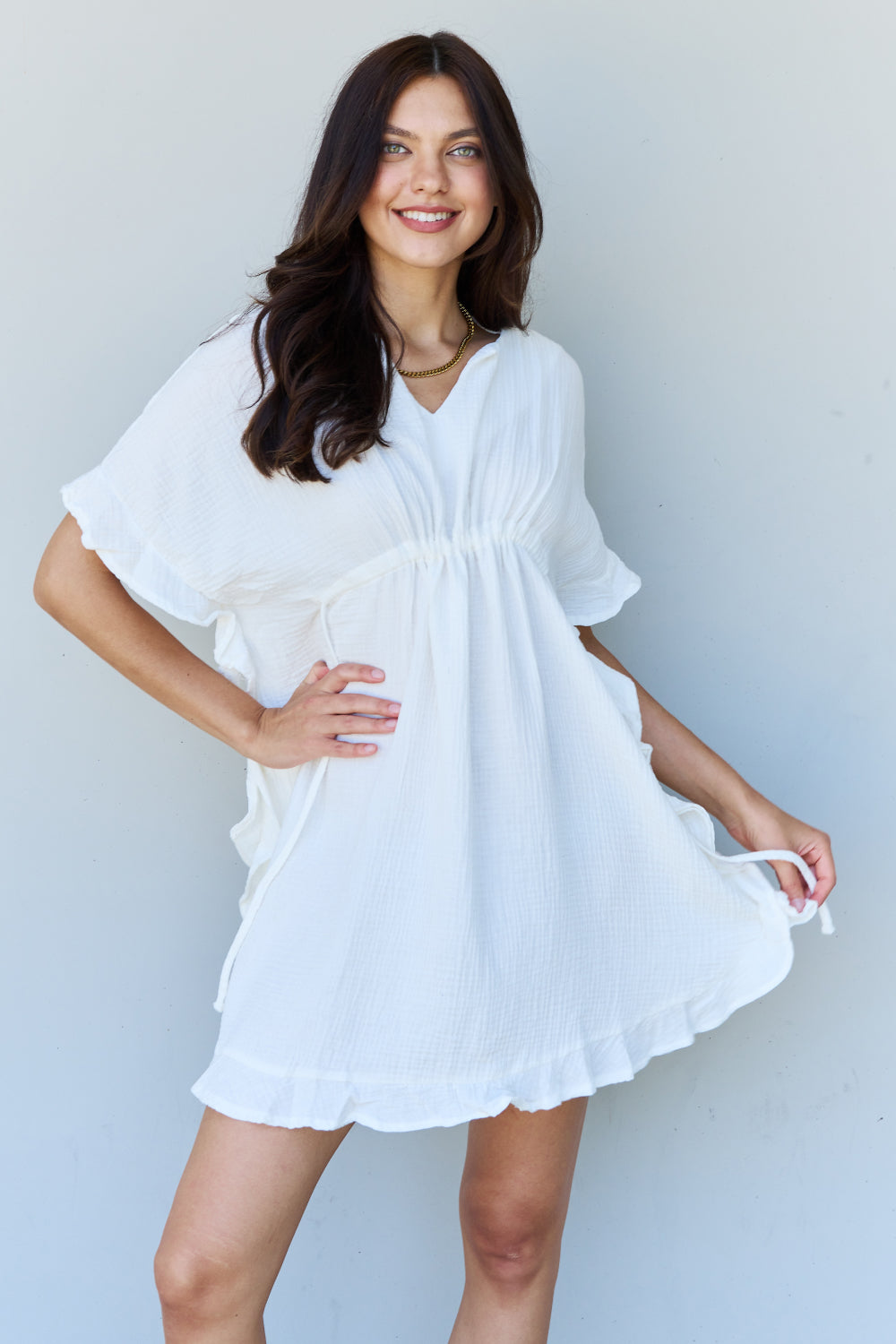 Ninexis Out Of Time Full Size Ruffle Hem Dress with Drawstring Waistband in White Krazy Heart Designs Boutique White S