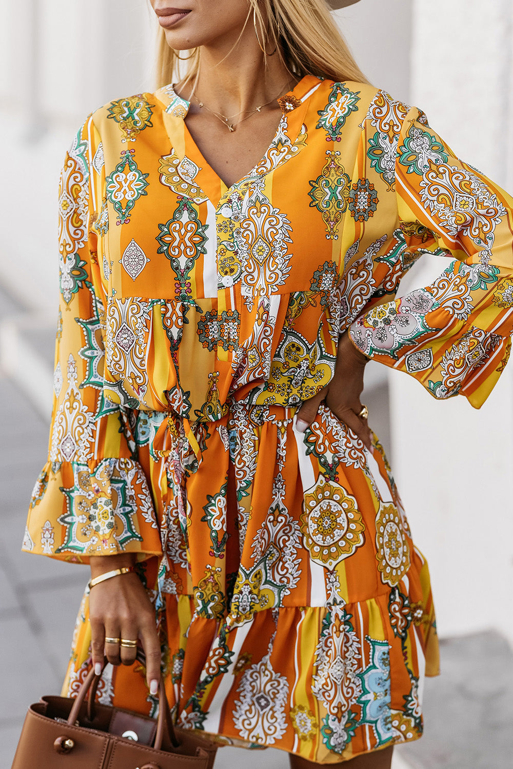 Printed Notched Neck Flounce Sleeve Dress Krazy Heart Designs Boutique