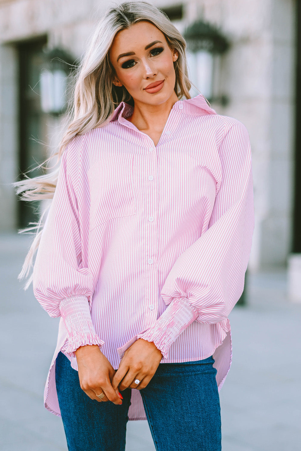 Striped Lantern Sleeve Collared Shirt (3 Colors) Krazy Heart Designs Boutique Blush Pink S