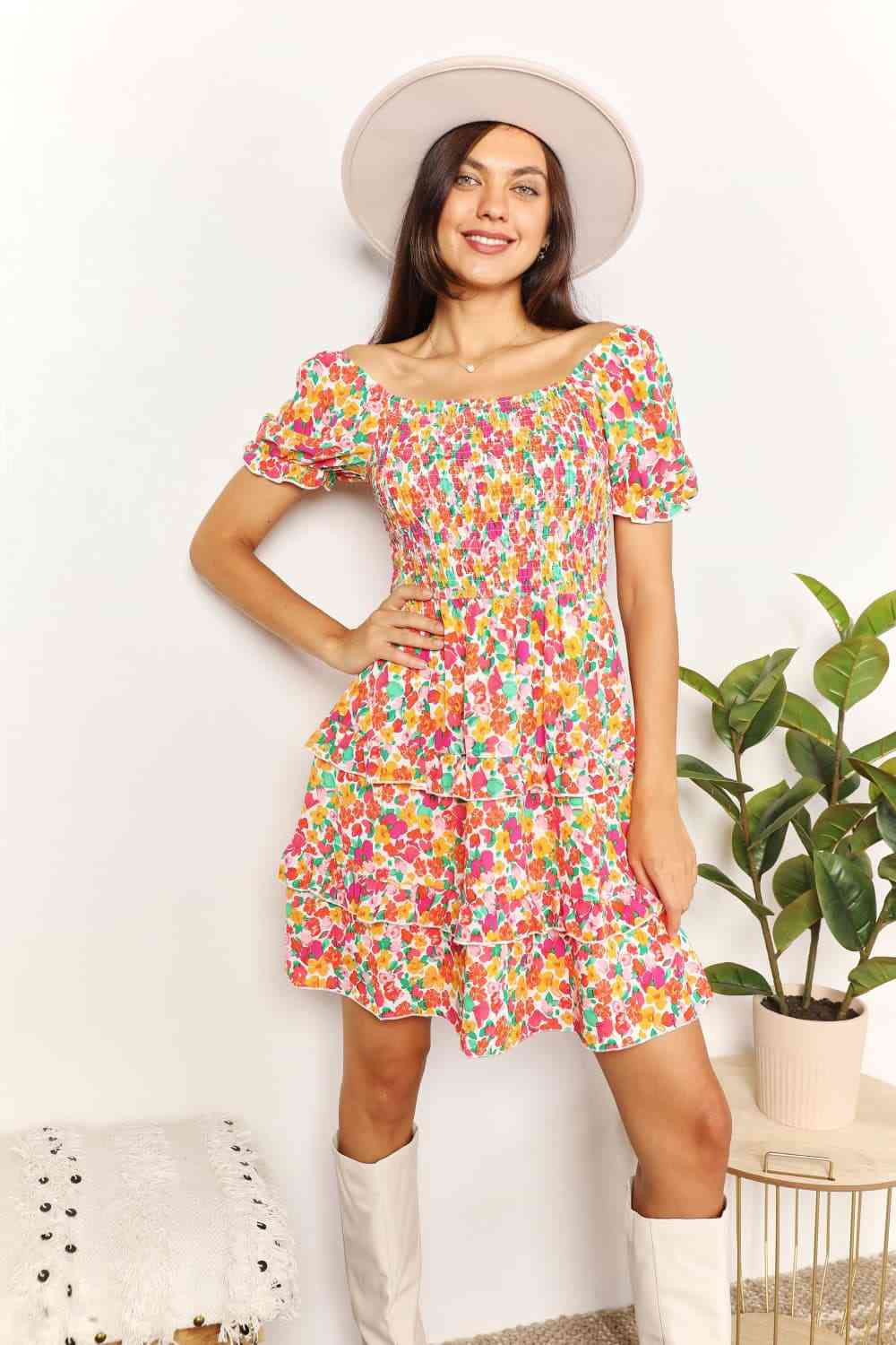 Double Take Smocked Sweetheart Neck Flounce Sleeve Mini Dress Krazy Heart Designs Boutique Strawberry S