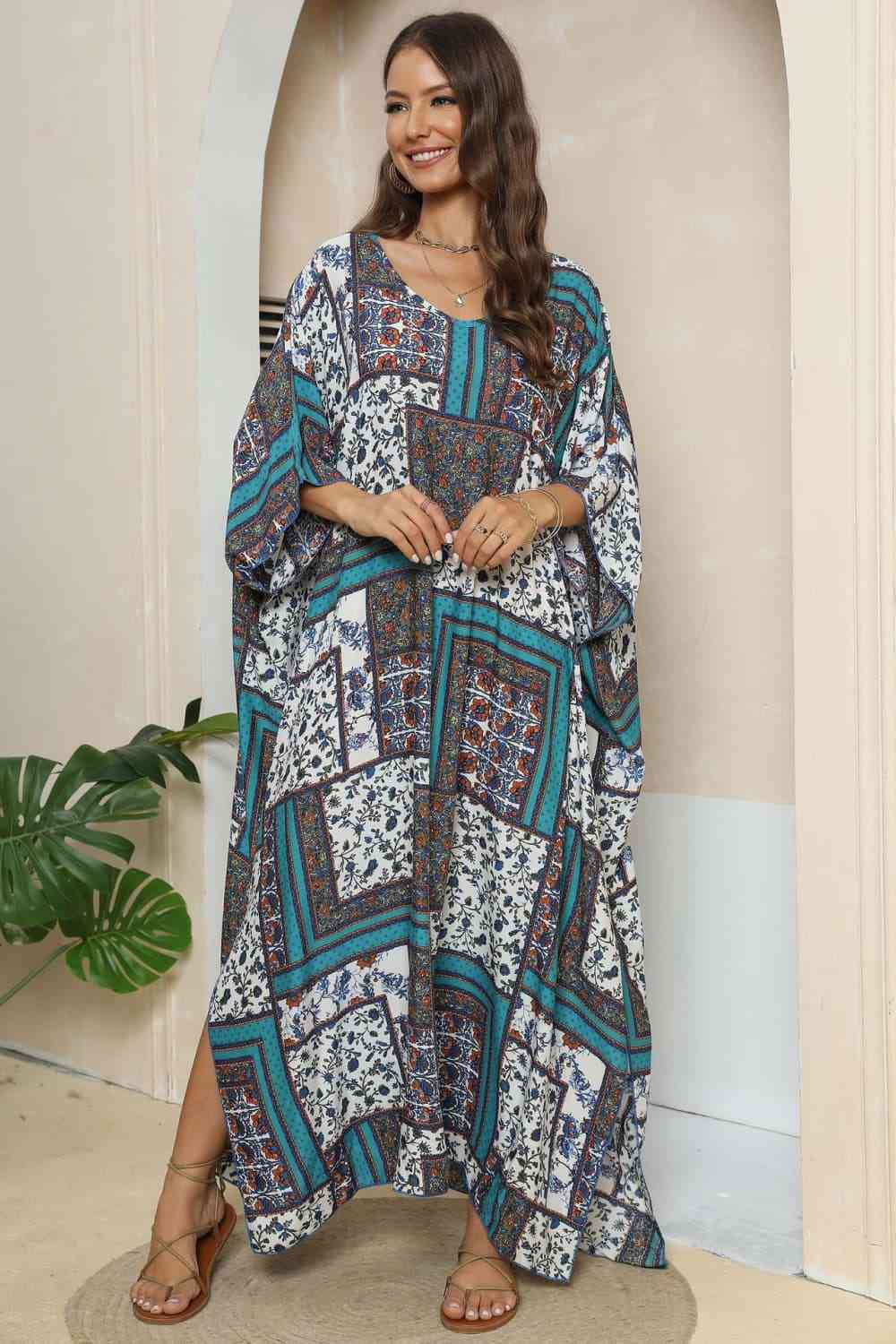 Patchwork Printed V-Neck Split Maxi Dress (2 Colors) Krazy Heart Designs Boutique Turquoise One Size