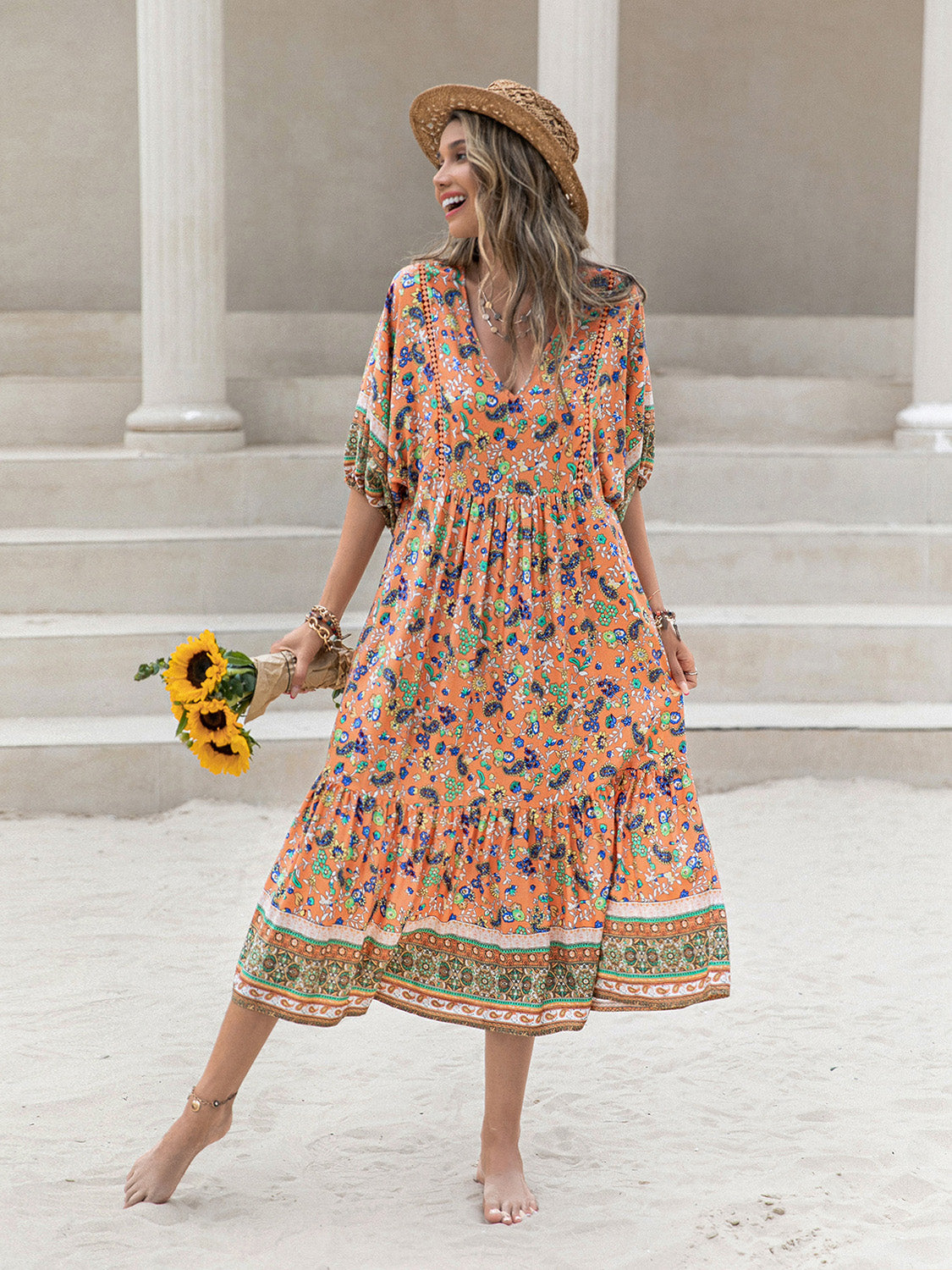 Bohemian Floral Printed V-Neck Short Sleeve Maxi Dress Krazy Heart Designs Boutique
