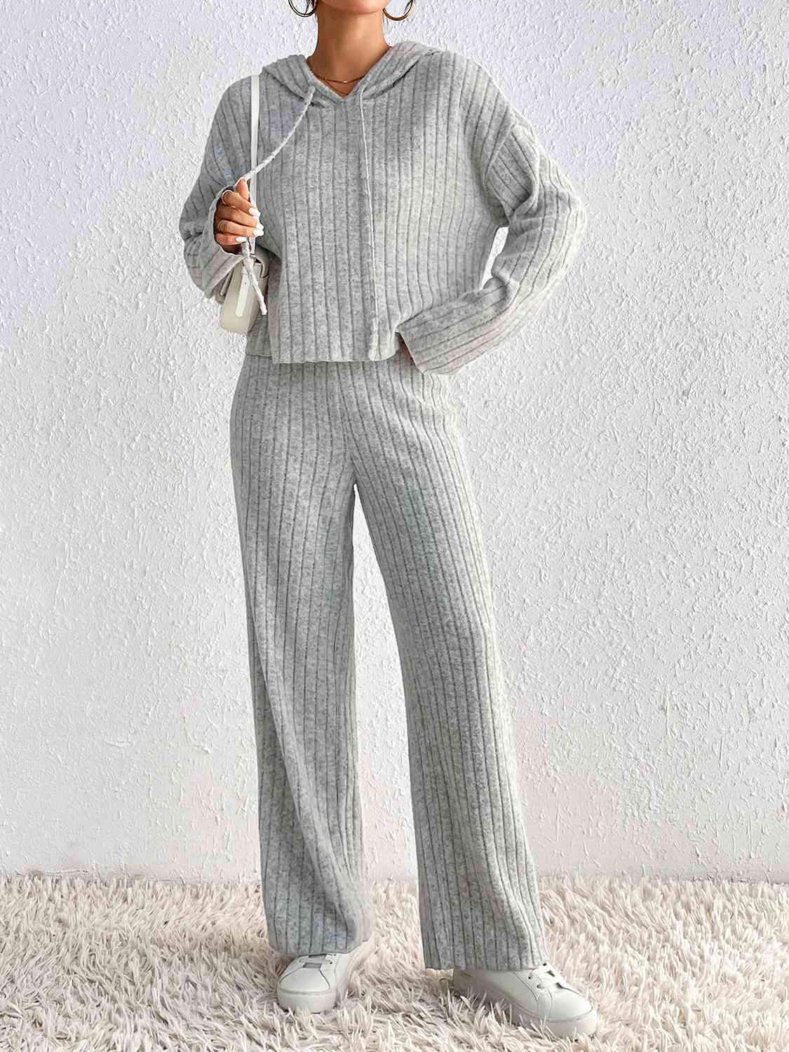 Drawstring Ribbed Hoodie and Straight Leg Pants Set Outfit Sets Krazy Heart Designs Boutique Light Gray S
