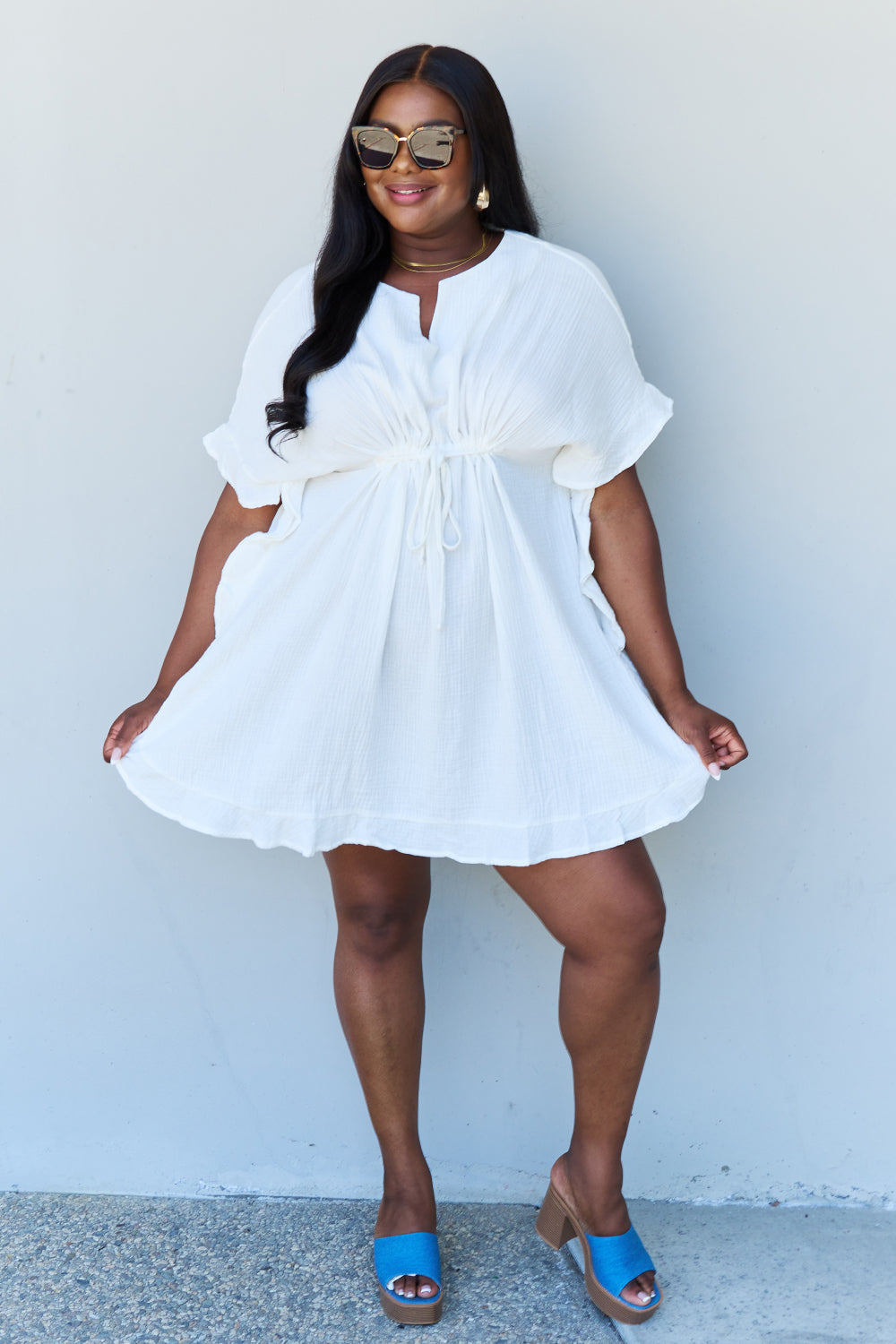 Ninexis Out Of Time Full Size Ruffle Hem Dress with Drawstring Waistband in White Krazy Heart Designs Boutique