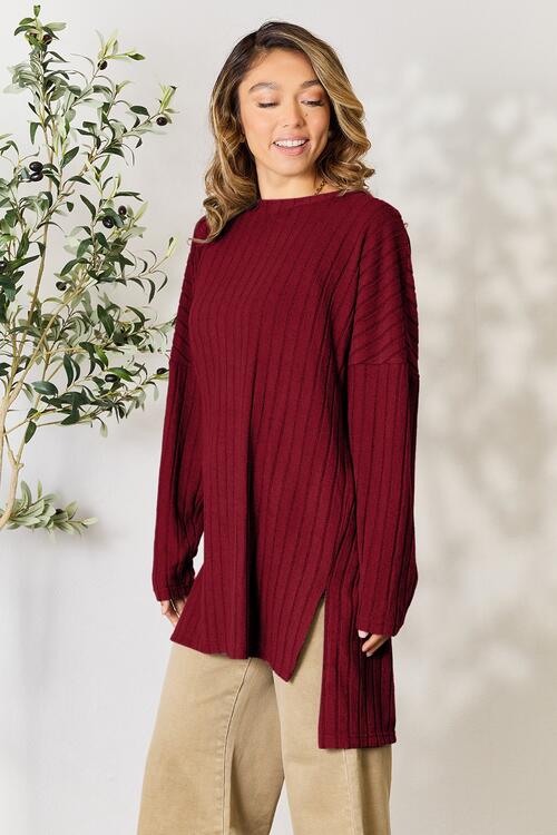 Basic Bae Full Size Ribbed Round Neck Long Sleeve Slit Top (4 Colors) Shirts & Tops Krazy Heart Designs Boutique