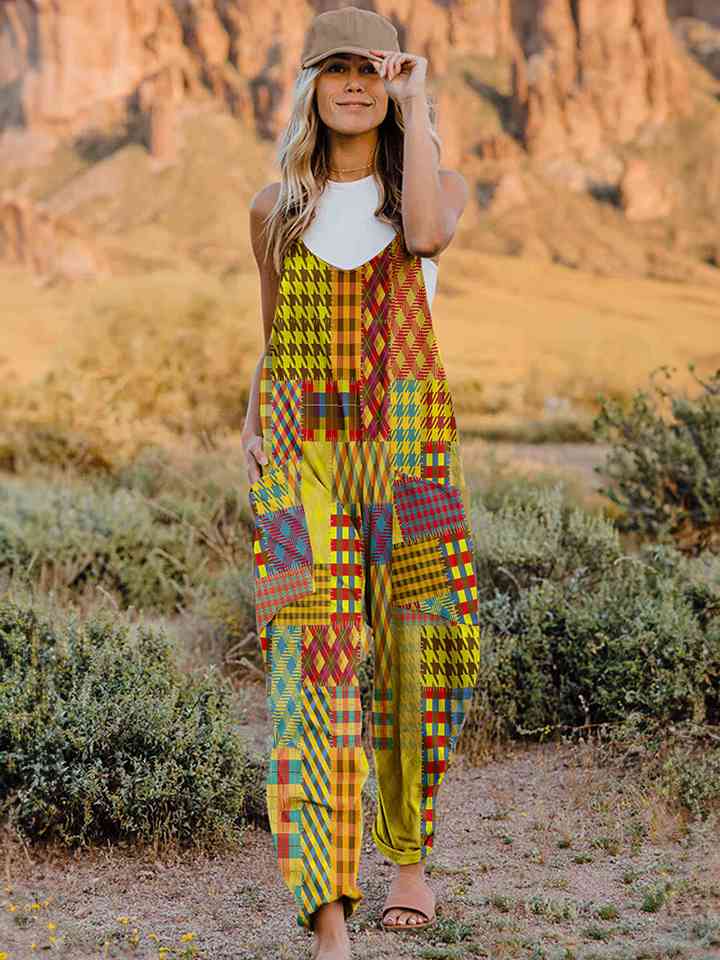 Full Size Printed V-Neck Sleeveless Jumpsuit (4 Colors) Krazy Heart Designs Boutique Mustard S