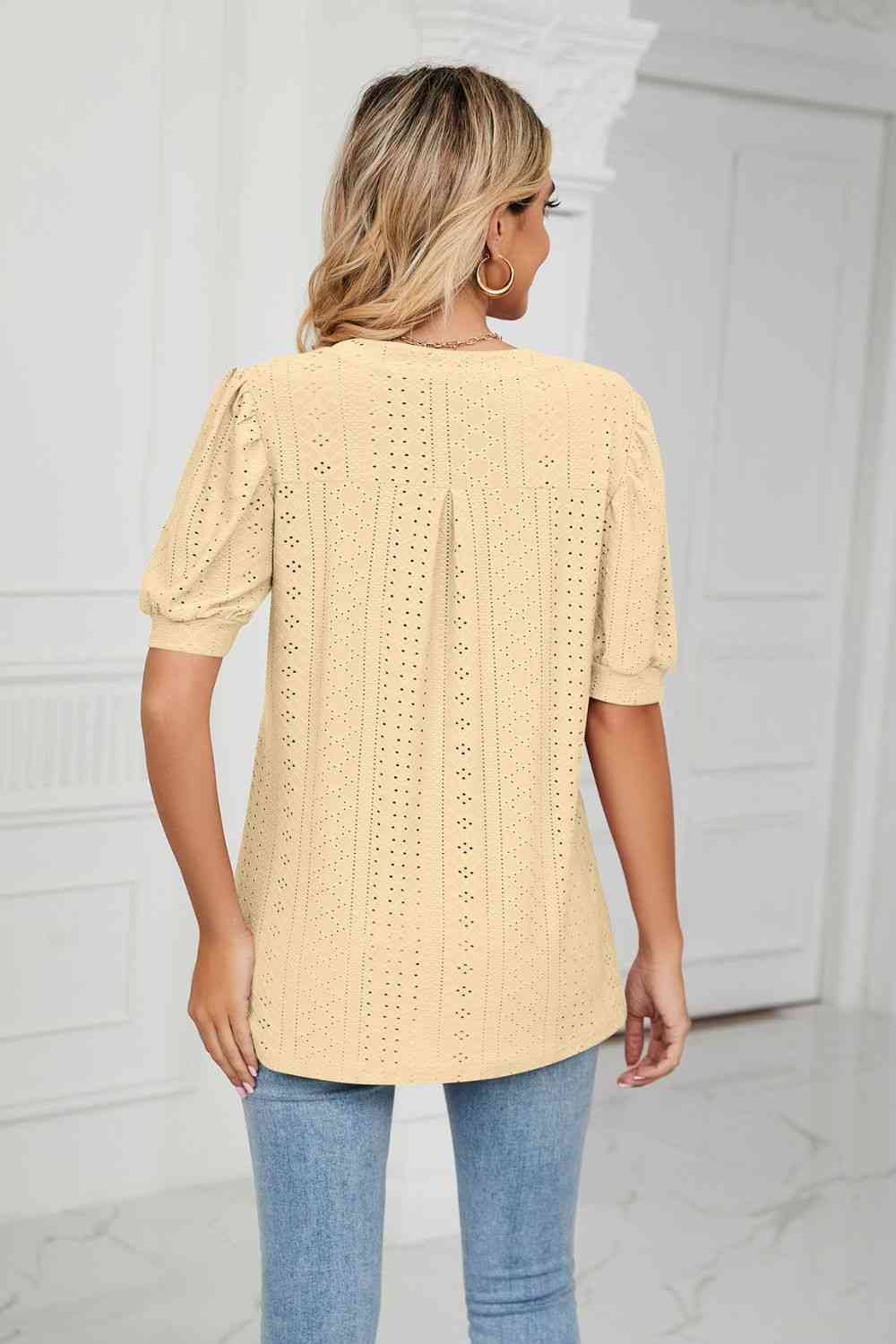 Eyelet Short Puff Sleeve Notched Neck Top (12 Colors) Krazy Heart Designs Boutique