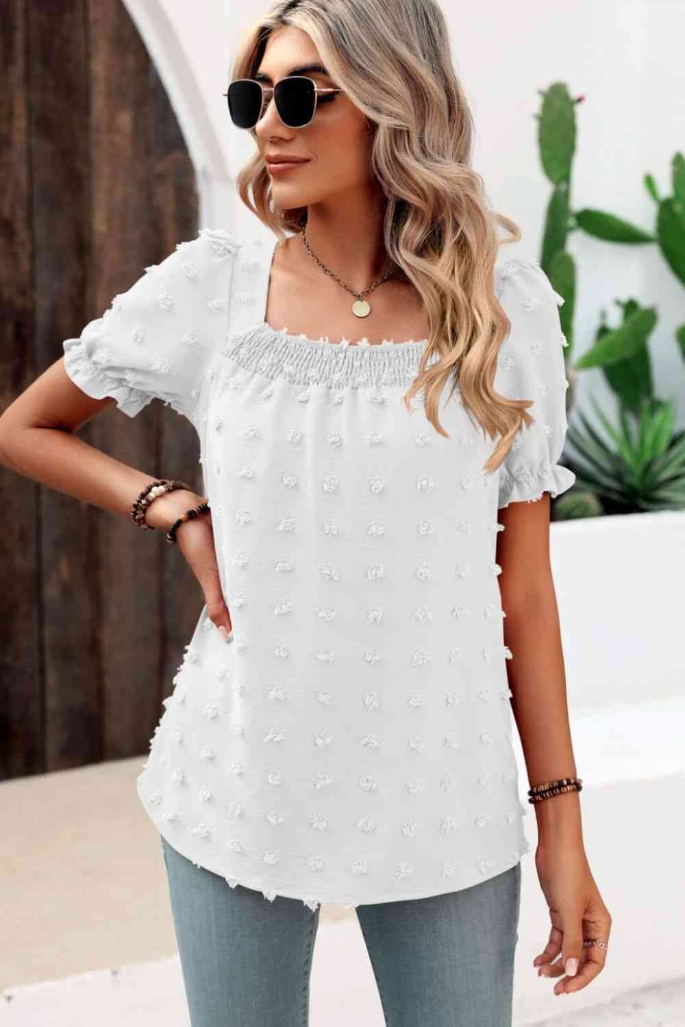 Swiss Dot Puff Sleeve Square Neck Blouse (6 Colors) Krazy Heart Designs Boutique
