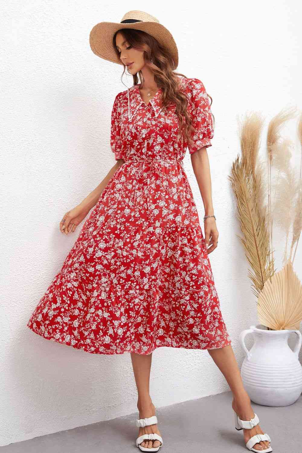 Floral Tie Waist Puff Sleeve Midi Dress (2 Colors) Krazy Heart Designs Boutique