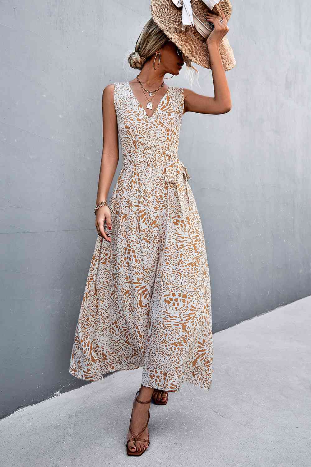 Printed V-Neck Tie Waist Maxi Dress (3 Colors) Krazy Heart Designs Boutique