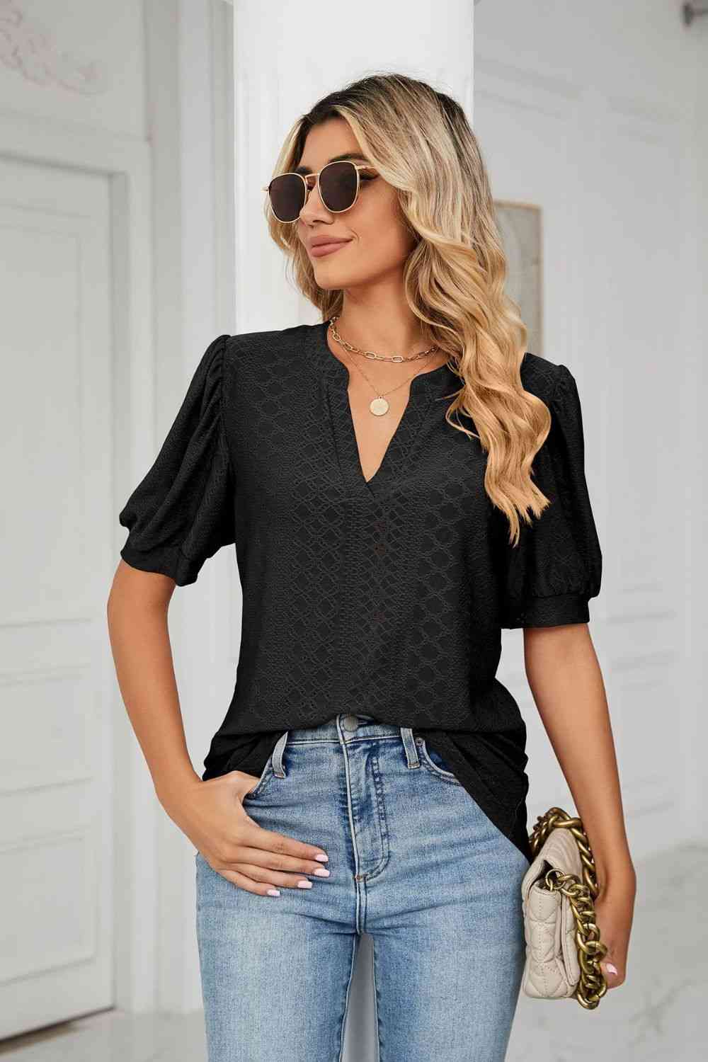 Eyelet Short Puff Sleeve Notched Neck Top (12 Colors) Krazy Heart Designs Boutique