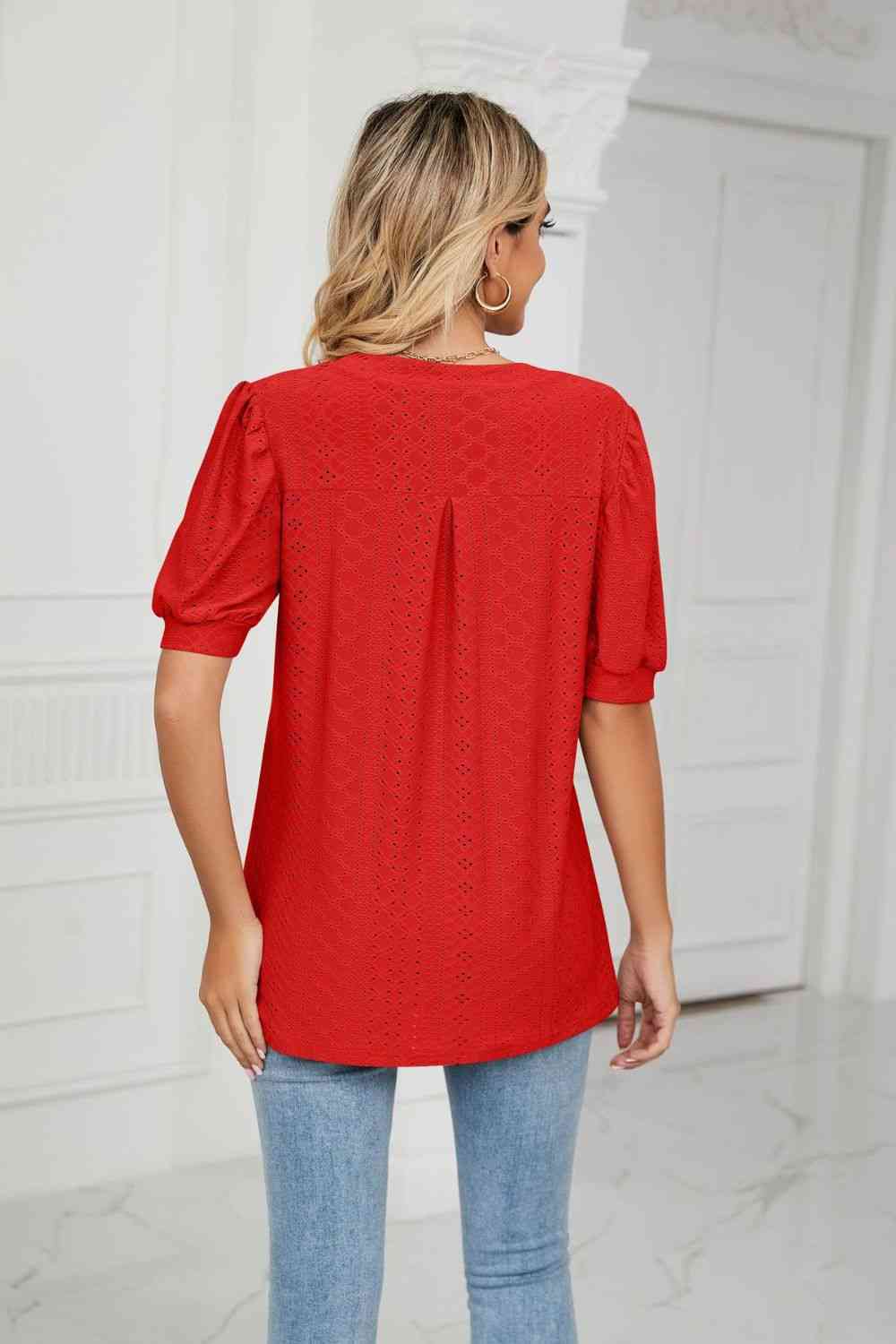 Eyelet Short Puff Sleeve Notched Neck Top (12 Colors) Krazy Heart Designs Boutique