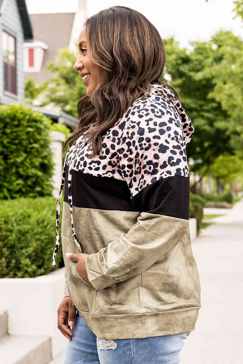 Plus Size Leopard Print Color Block Hoodie with Kangaroo Pocket (3 Colors) Shirts & Tops Krazy Heart Designs Boutique