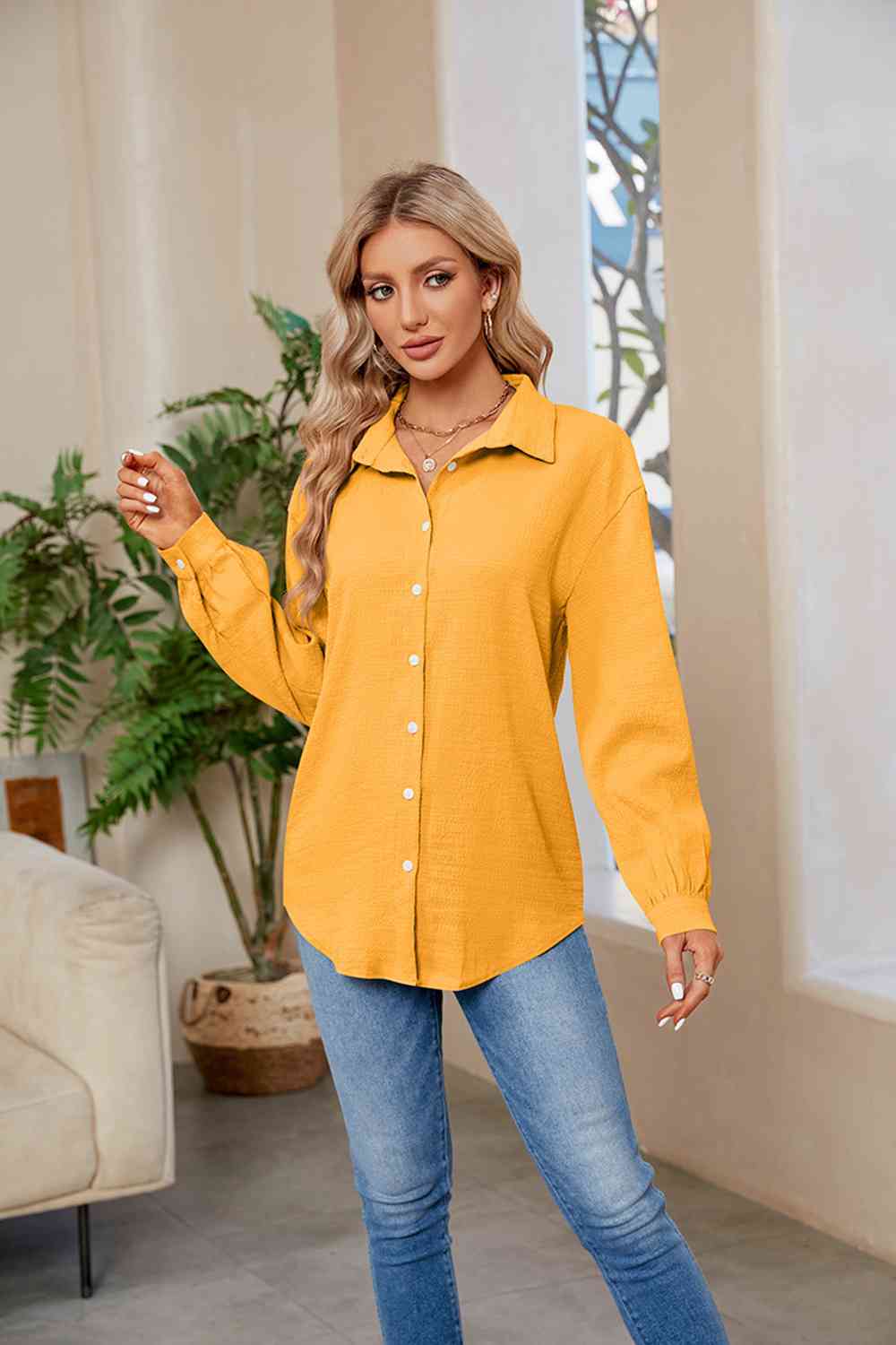 Collared Neck Buttoned Long Sleeve Shirt (4 Colors) Shirts & Tops Krazy Heart Designs Boutique Tangerine S