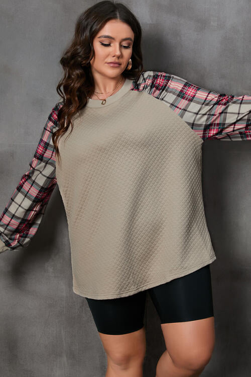 Plus Size Plaid Round Neck Long Sleeve Sweatshirt Shirts & Tops Krazy Heart Designs Boutique