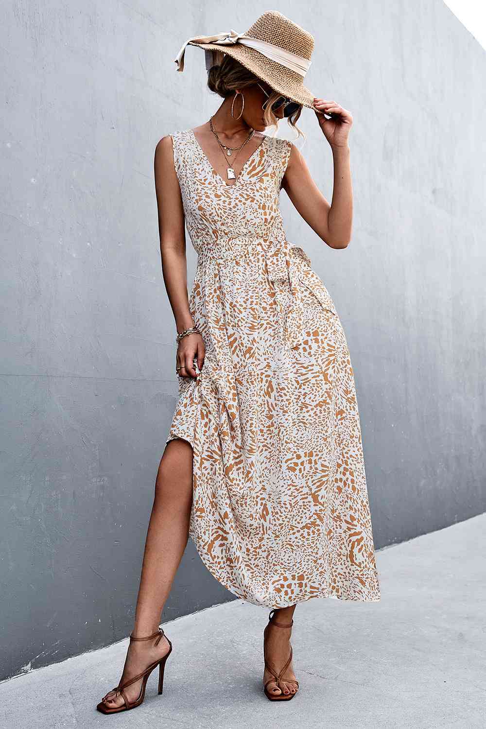 Printed V-Neck Tie Waist Maxi Dress (3 Colors) Krazy Heart Designs Boutique