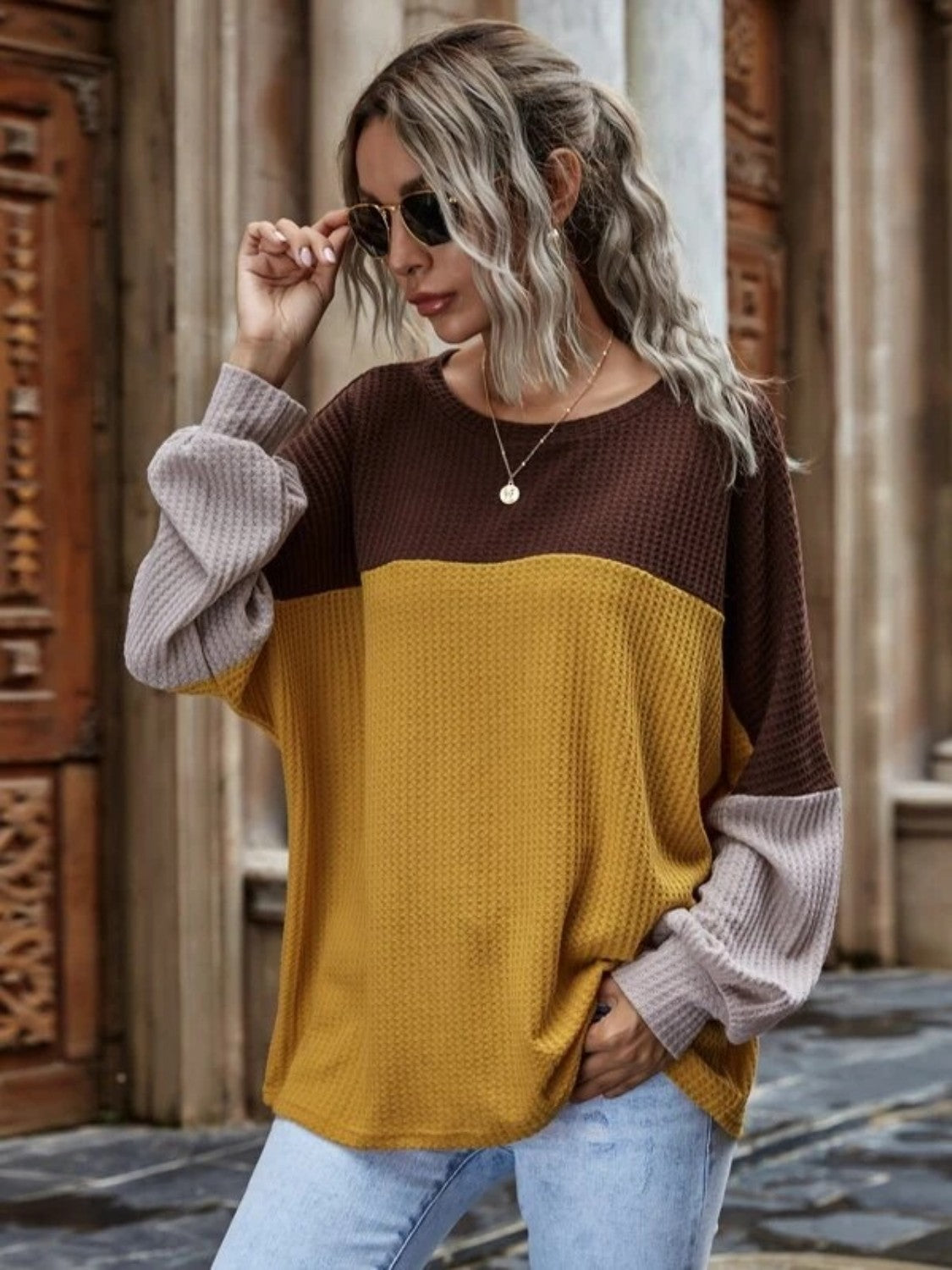 KHD Color Block Waffle-Knit Long Sleeve Top (3 Colors) Krazy Heart Designs Boutique