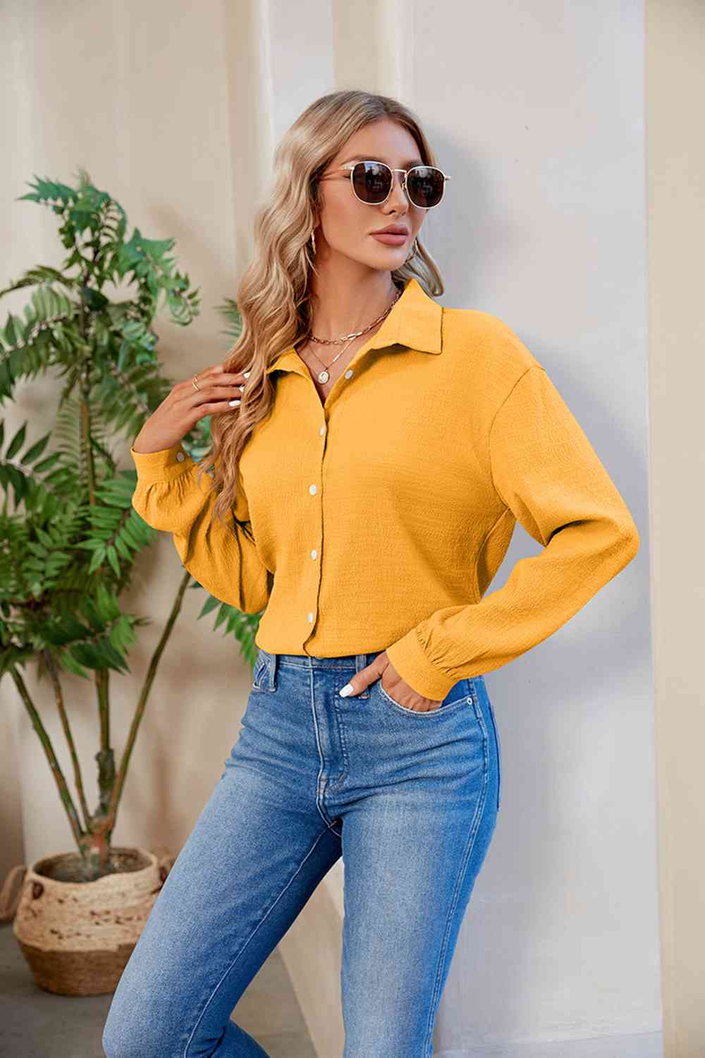 Collared Neck Buttoned Long Sleeve Shirt (4 Colors) Shirts & Tops Krazy Heart Designs Boutique