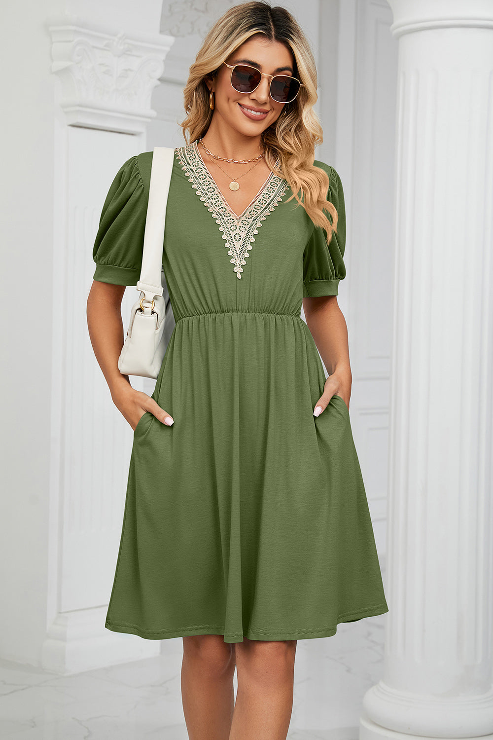 V-Neck Puff Sleeve Dress (8 Colors) Dress Krazy Heart Designs Boutique Matcha Green S