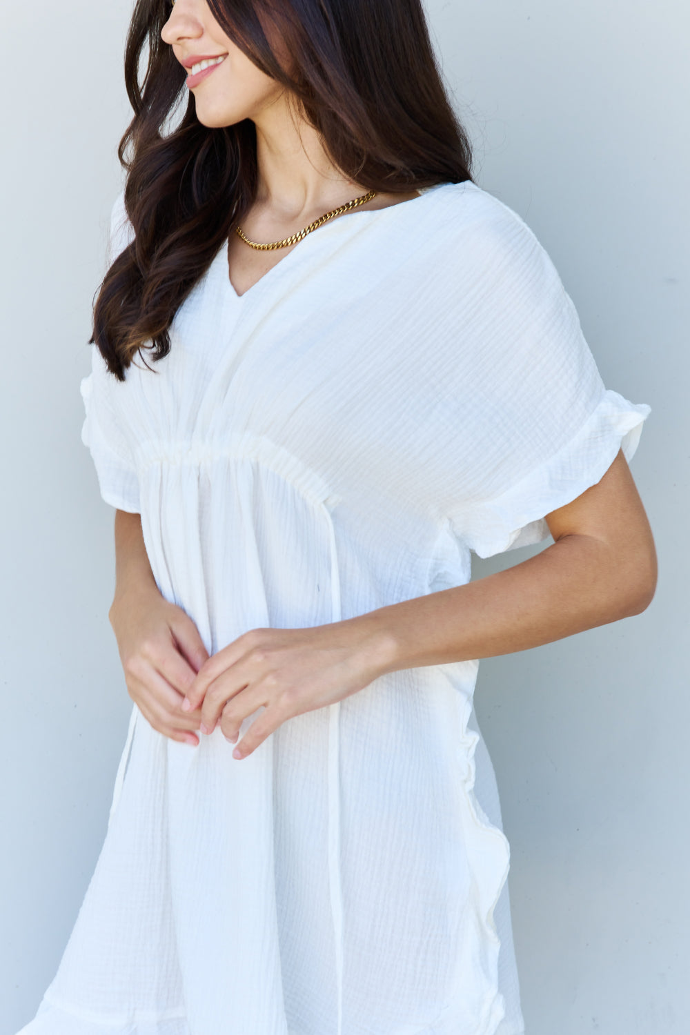 Ninexis Out Of Time Full Size Ruffle Hem Dress with Drawstring Waistband in White Krazy Heart Designs Boutique