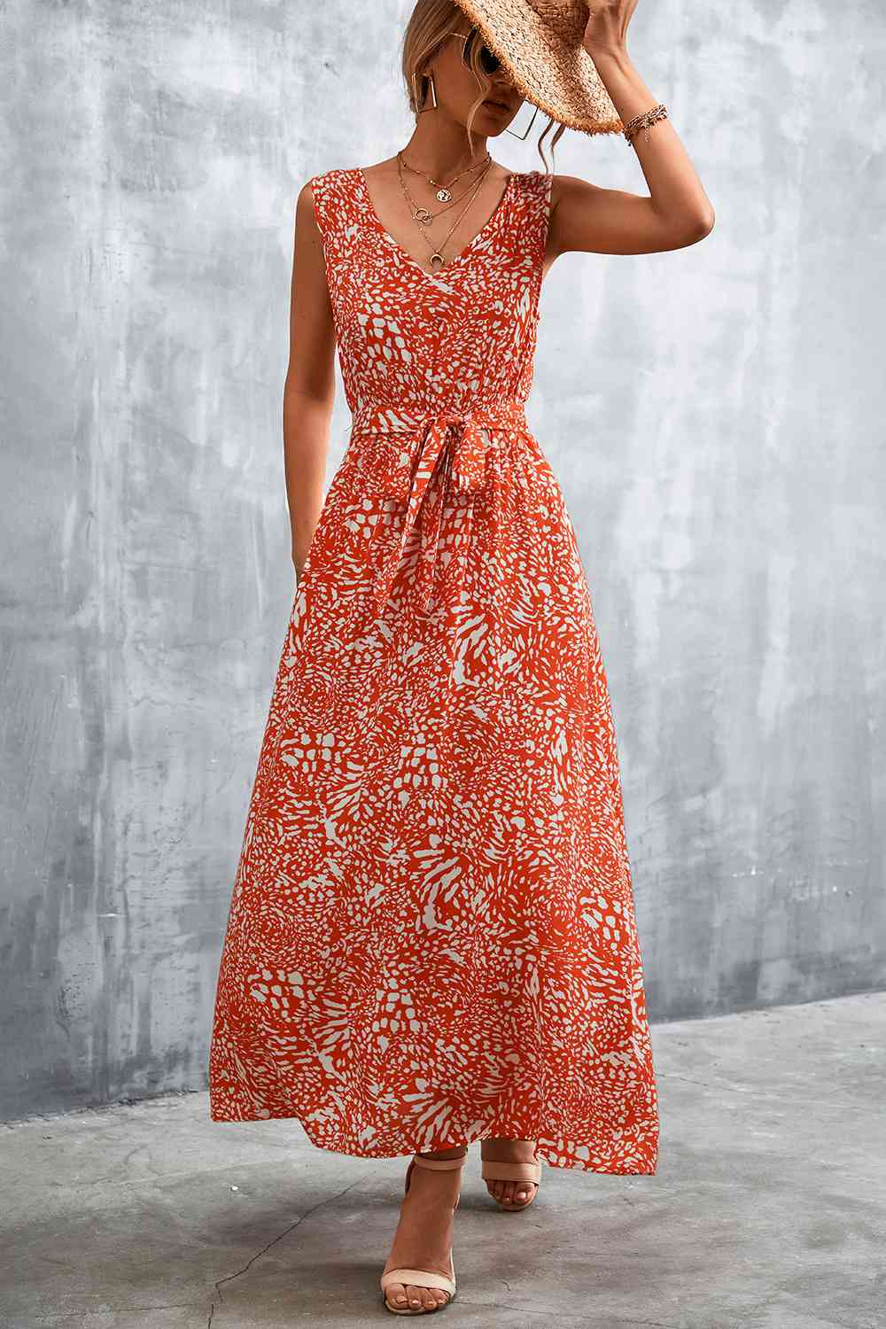 Printed V-Neck Tie Waist Maxi Dress (3 Colors) Krazy Heart Designs Boutique Red Orange S