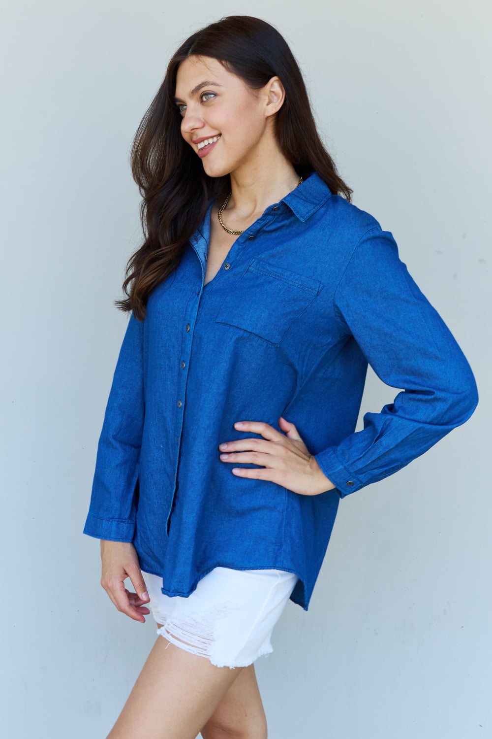 Doublju Blue Jean Baby Denim Button Down Shirt Top in Dark Blue Krazy Heart Designs Boutique