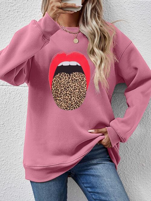 Leopard Lip Graphic Round Neck Sweatshirt (9 Colors) Shirts & Tops Krazy Heart Designs Boutique Moonlit Mauve S