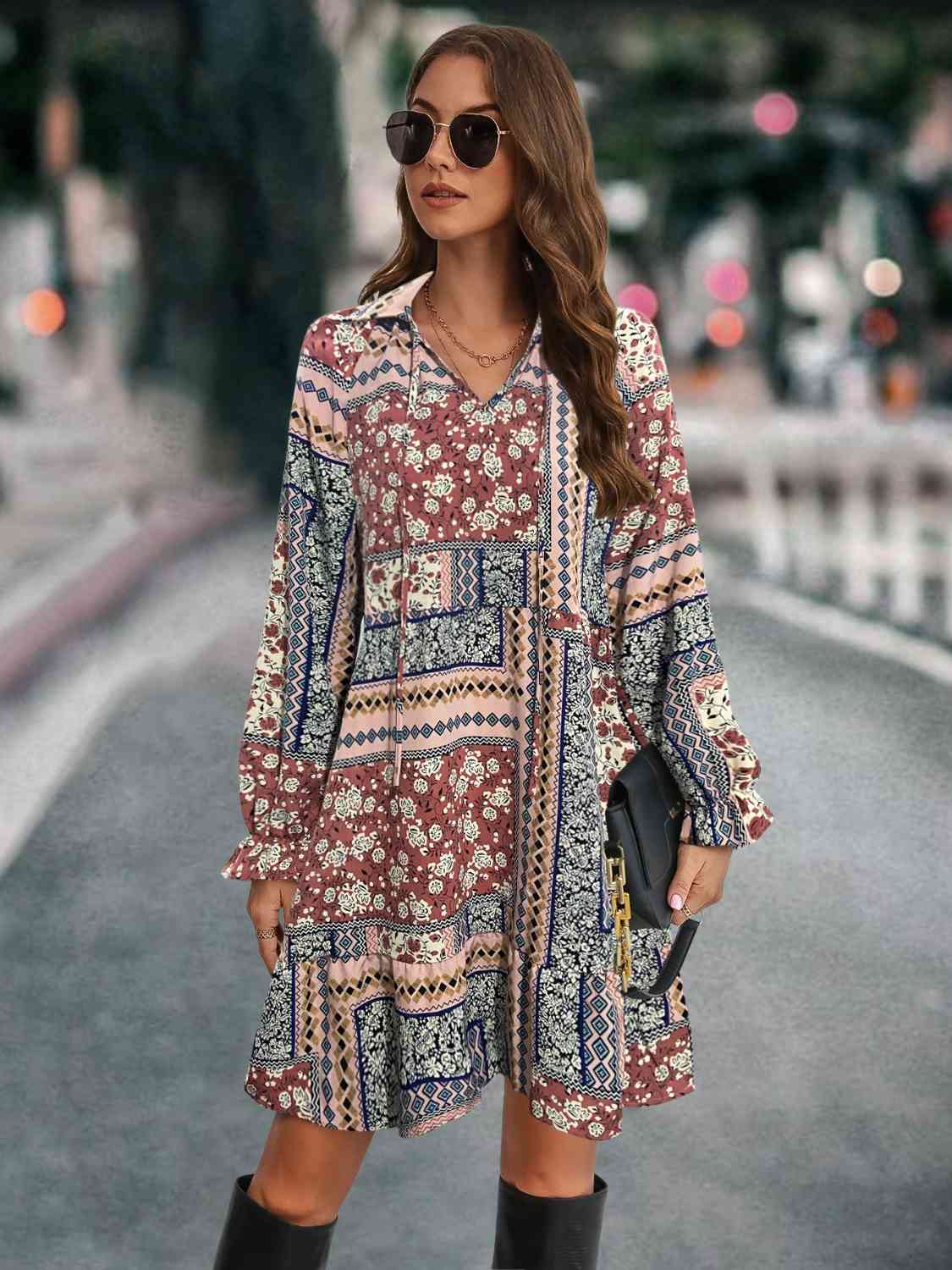 Patchwork Tie Front Flounce Sleeve Dress Krazy Heart Designs Boutique Wine S