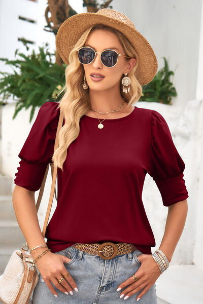Round Neck Lantern Sleeve Blouse (6 Colors) Shirts & Tops Krazy Heart Designs Boutique