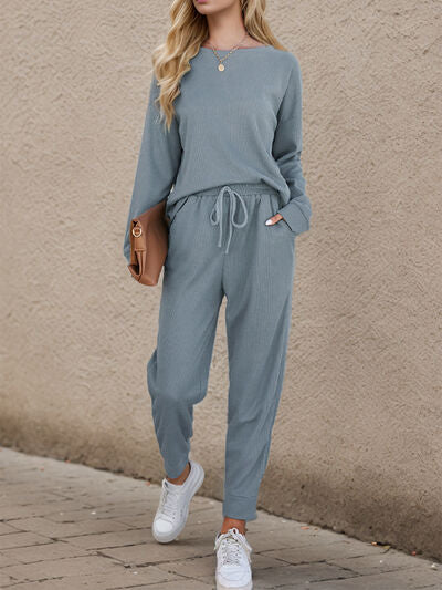 Round Neck Top and Drawstring Pants Set Outfit Sets Krazy Heart Designs Boutique