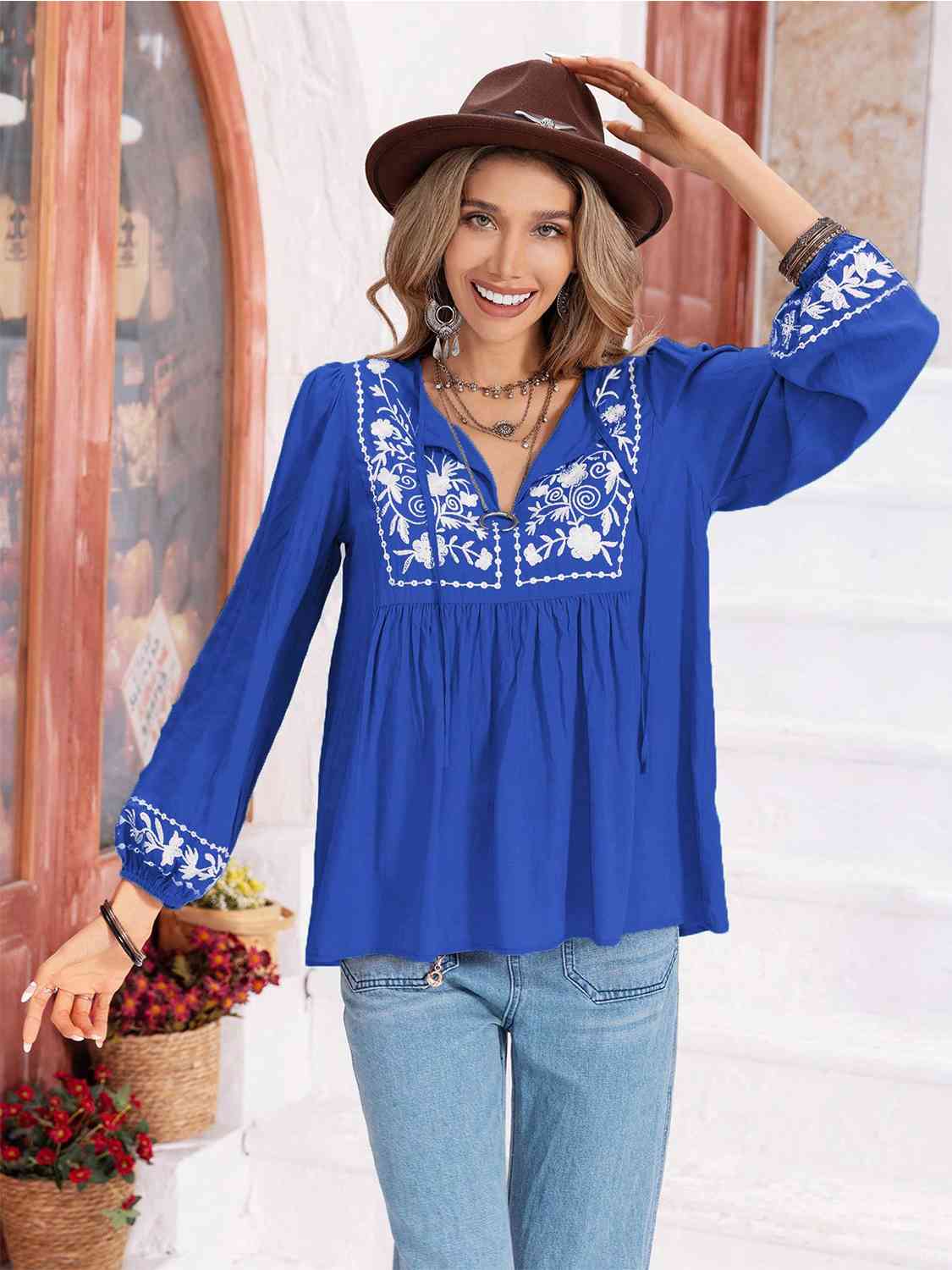 Floral Tie Neck Balloon Sleeve Blouse (6 Colors) Krazy Heart Designs Boutique