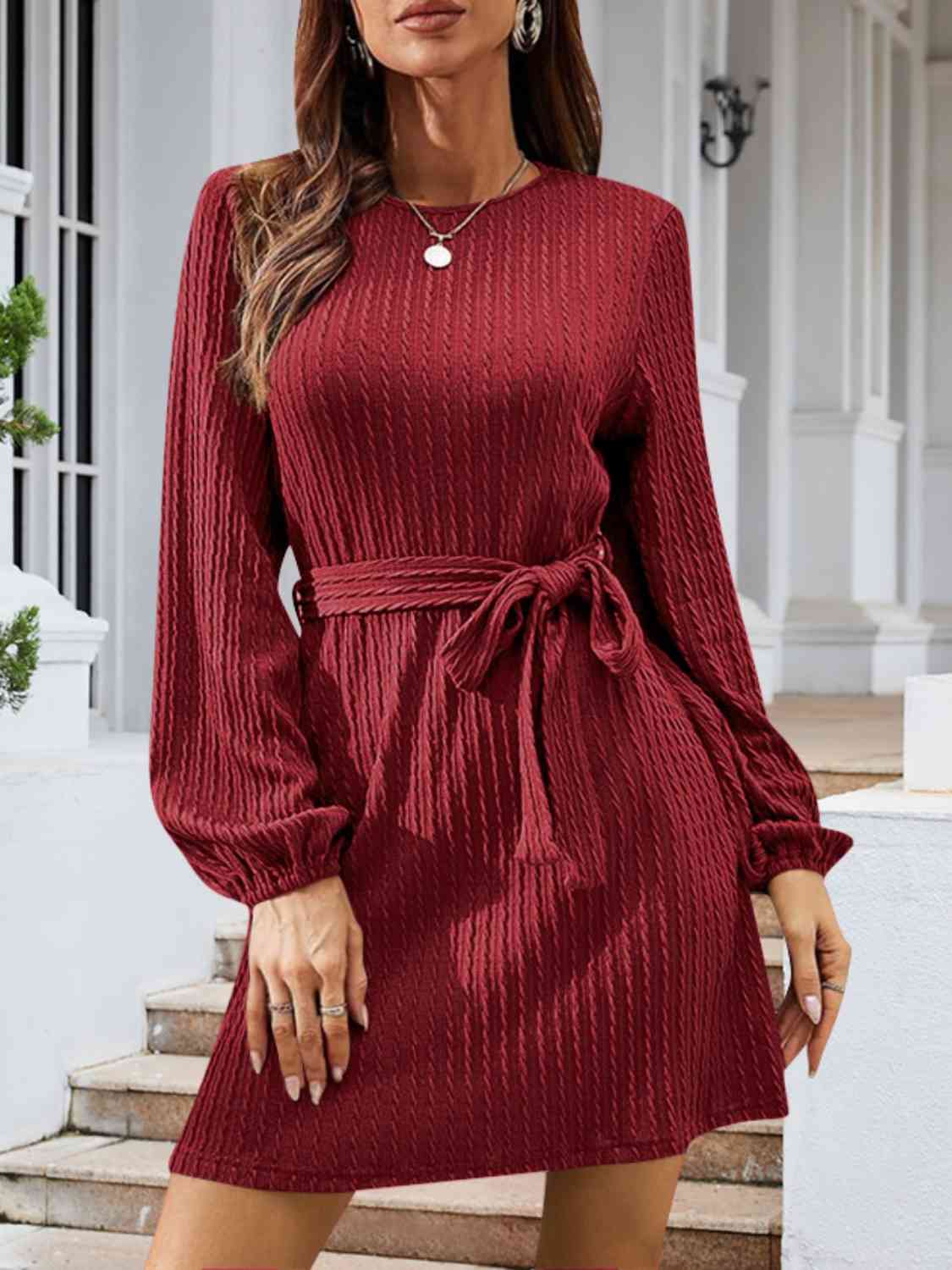 Round Neck Tie Front Long Sleeve Dress (4 Colors) Krazy Heart Designs Boutique