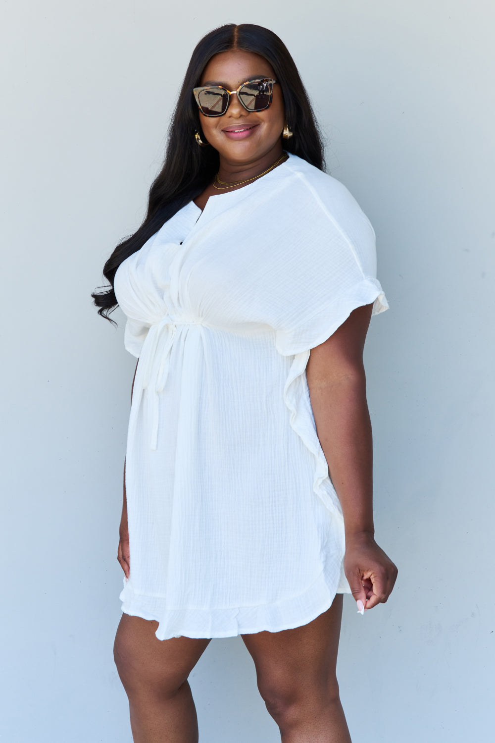 Ninexis Out Of Time Full Size Ruffle Hem Dress with Drawstring Waistband in White Krazy Heart Designs Boutique