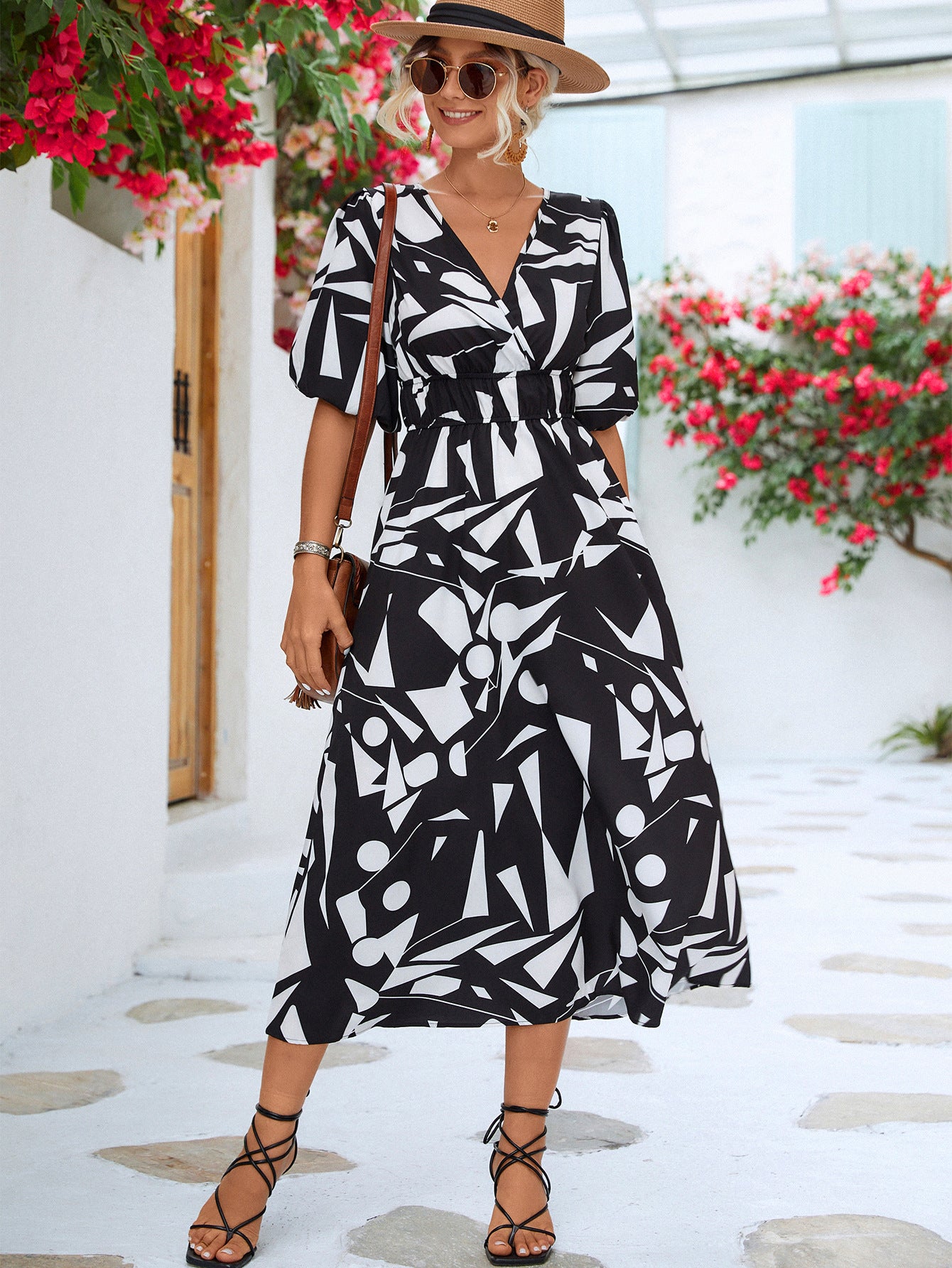 Geo Printed Surplice Balloon Sleeve Dress (3 Colors) Krazy Heart Designs Boutique