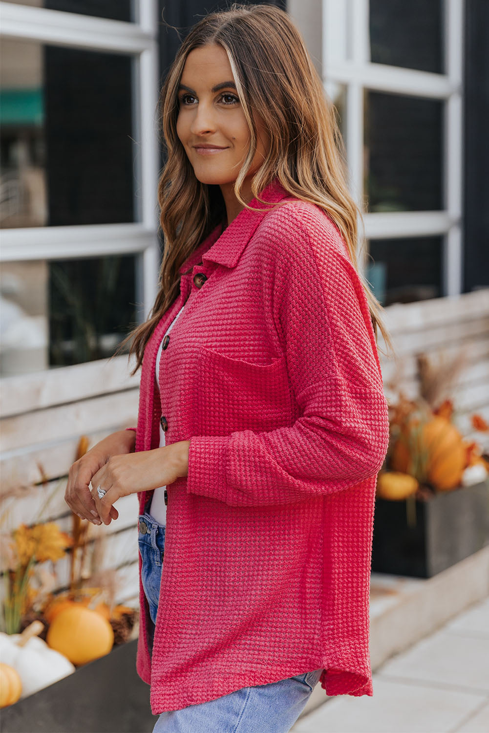 Waffle-Knit Collared Neck Dropped Shoulder Shirt (3 Colors) Krazy Heart Designs Boutique