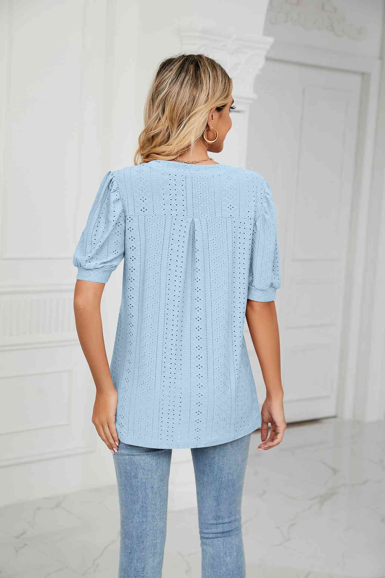 Eyelet Short Puff Sleeve Notched Neck Top (12 Colors) Krazy Heart Designs Boutique