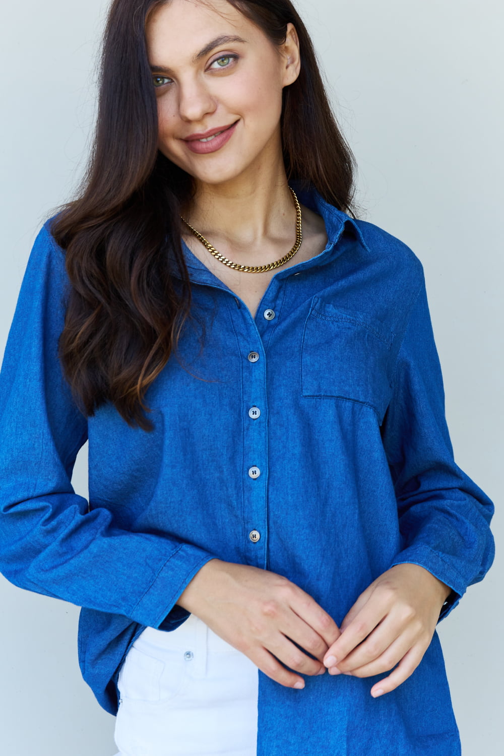 Doublju Blue Jean Baby Denim Button Down Shirt Top in Dark Blue Krazy Heart Designs Boutique