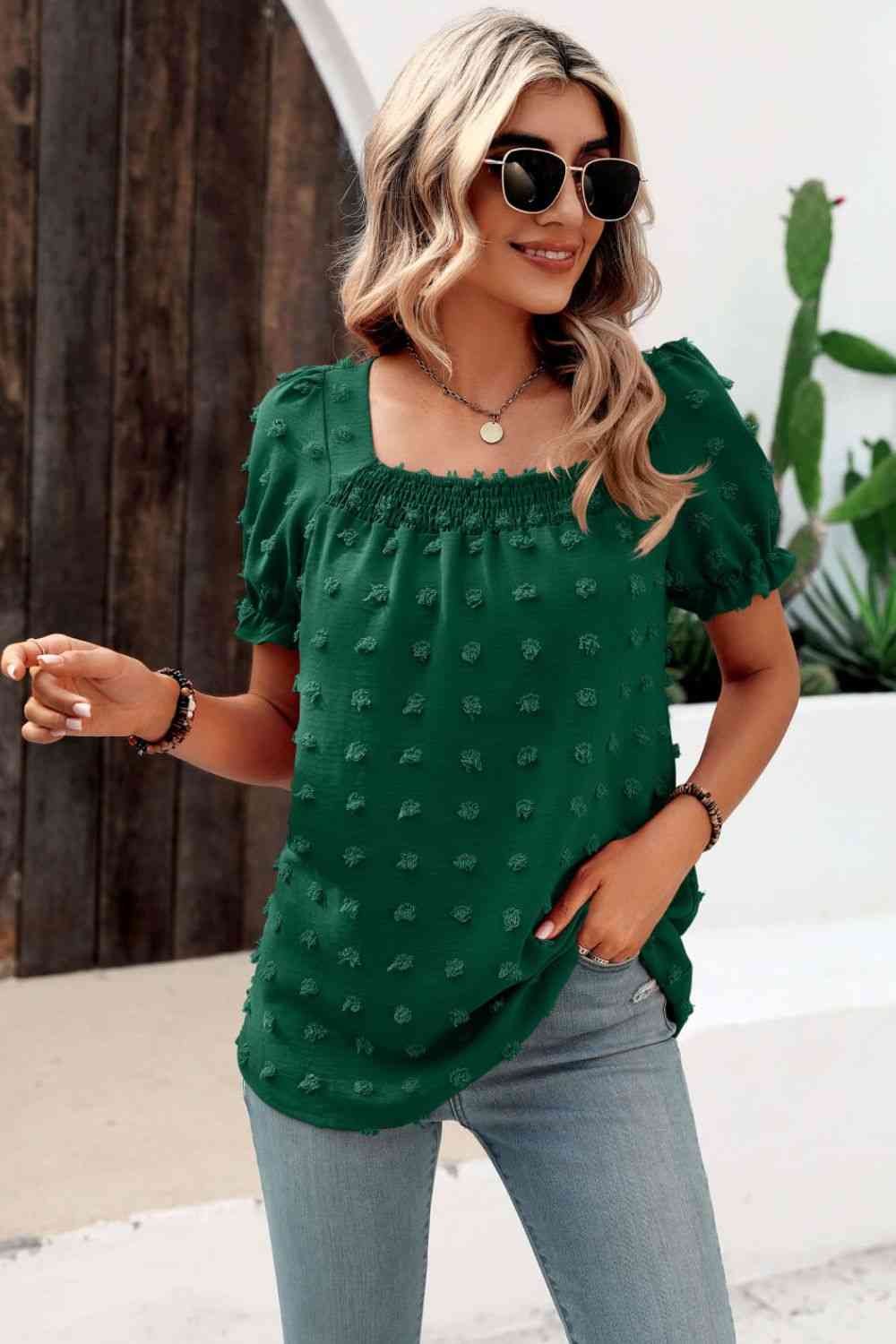 Swiss Dot Puff Sleeve Square Neck Blouse (6 Colors) Krazy Heart Designs Boutique Teal S