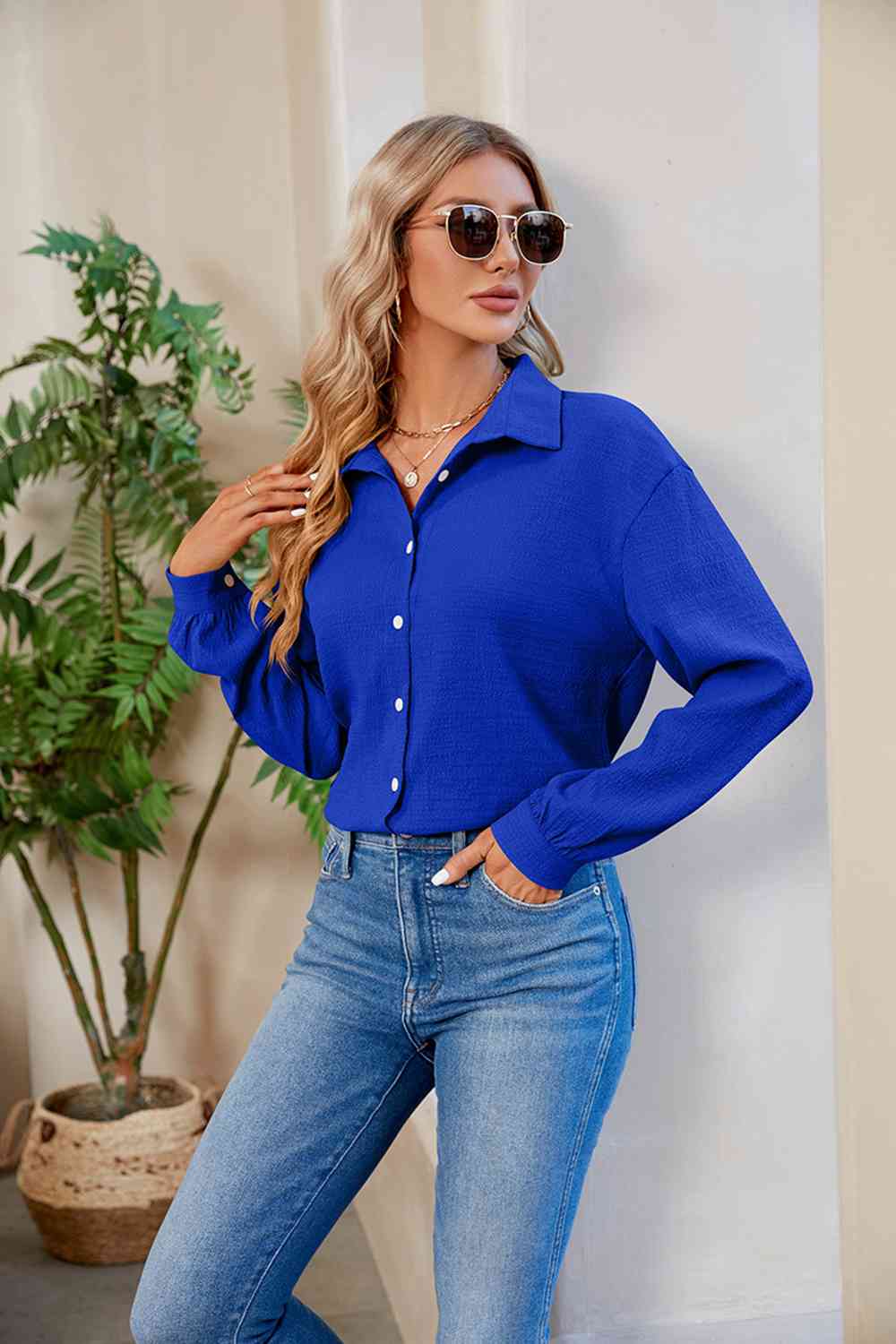 Collared Neck Buttoned Long Sleeve Shirt (4 Colors) Shirts & Tops Krazy Heart Designs Boutique