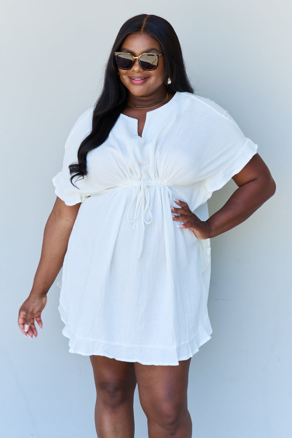 Ninexis Out Of Time Full Size Ruffle Hem Dress with Drawstring Waistband in White Krazy Heart Designs Boutique