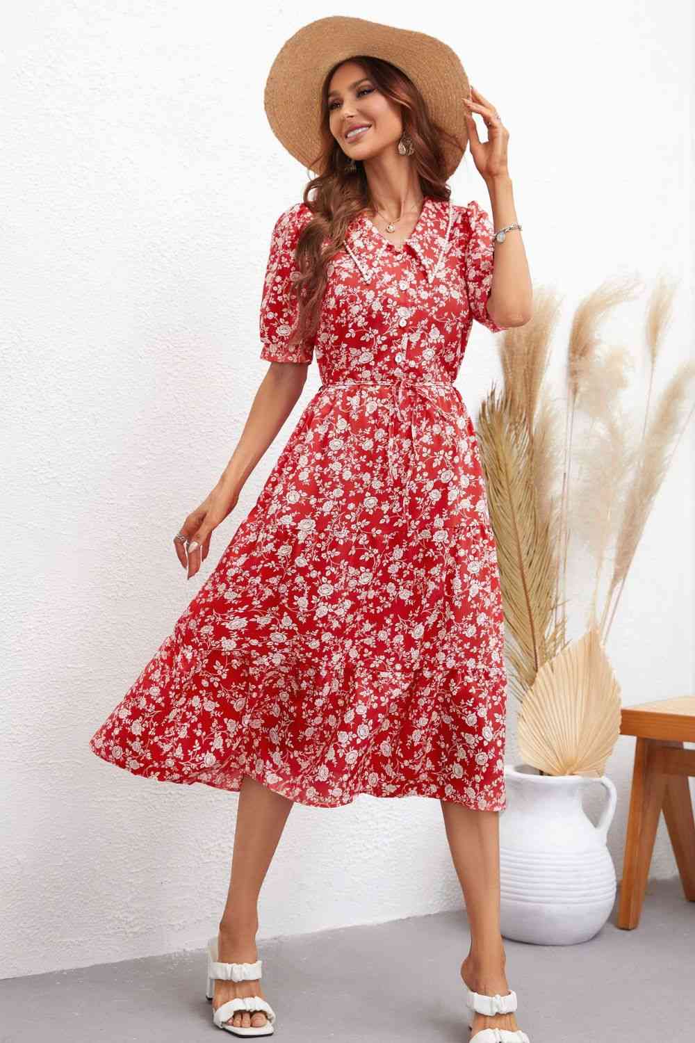 Floral Tie Waist Puff Sleeve Midi Dress (2 Colors) Krazy Heart Designs Boutique Deep Red S