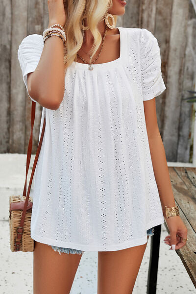 Eyelet Square Neck Puff Sleeve Top (6 Colors) Shirts & Tops Krazy Heart Designs Boutique