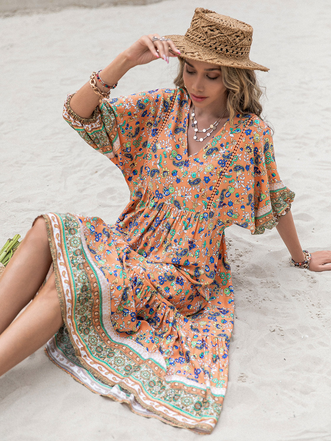 Bohemian Floral Printed V-Neck Short Sleeve Maxi Dress Krazy Heart Designs Boutique