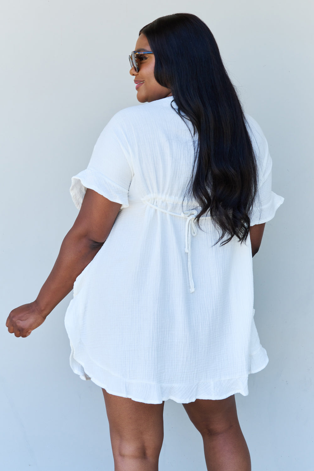 Ninexis Out Of Time Full Size Ruffle Hem Dress with Drawstring Waistband in White Krazy Heart Designs Boutique