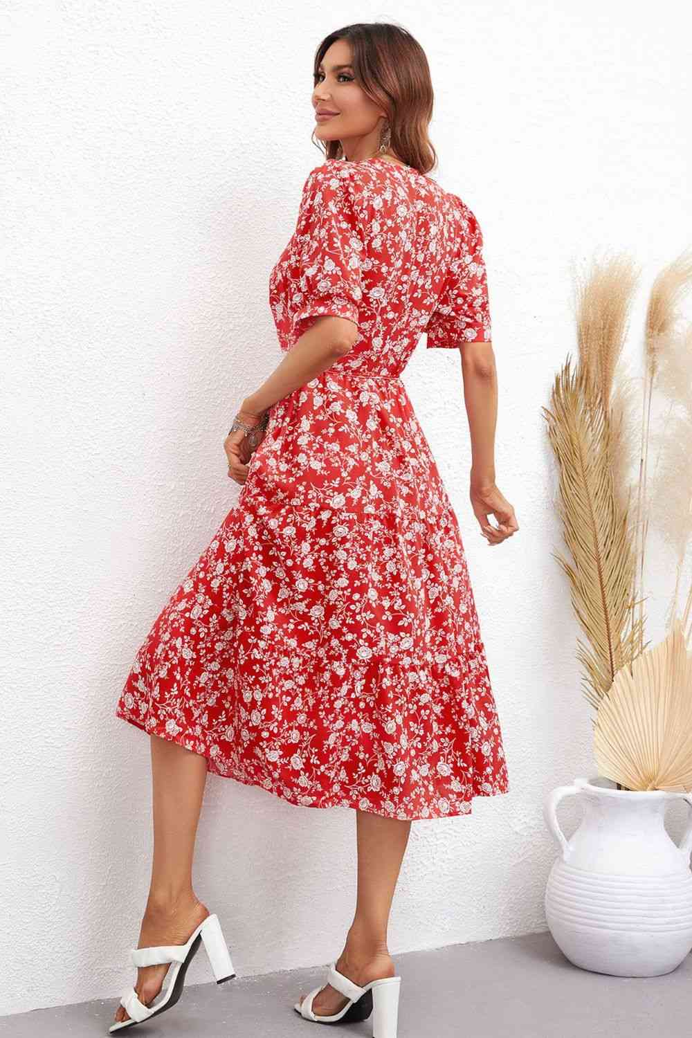 Floral Tie Waist Puff Sleeve Midi Dress (2 Colors) Krazy Heart Designs Boutique