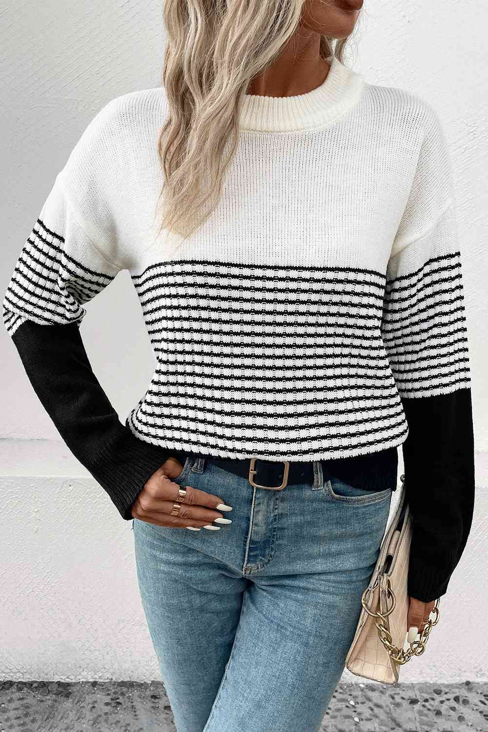 Striped Color Block Drop Shoulder Sweater Shirts & Tops Krazy Heart Designs Boutique